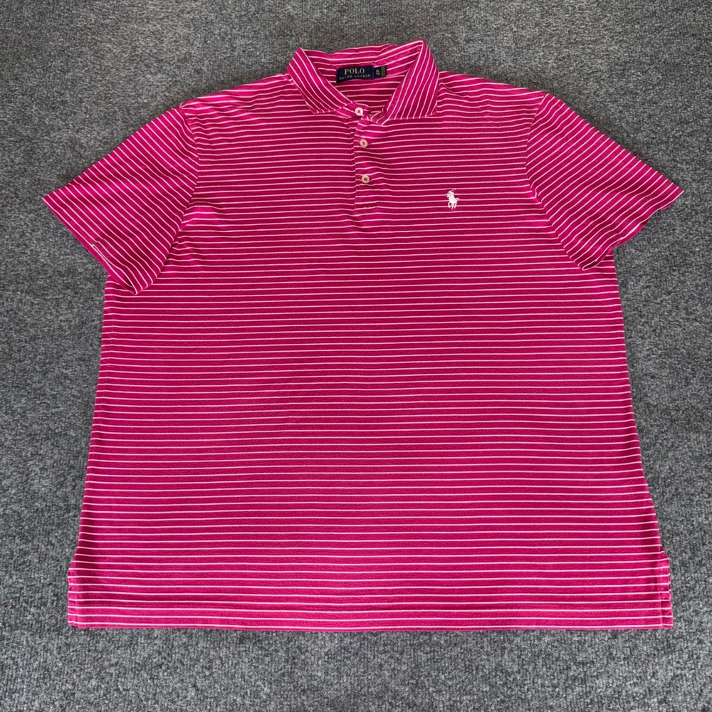 Polo Ralph Lauren Golf Shirt Pink Striped Pima Cotton XL Casual‎ Mens Polo